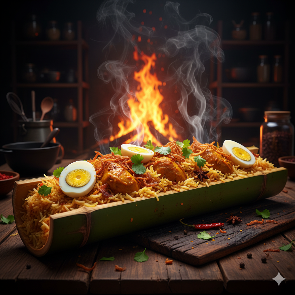 Bamboo chicken cooking in a pot